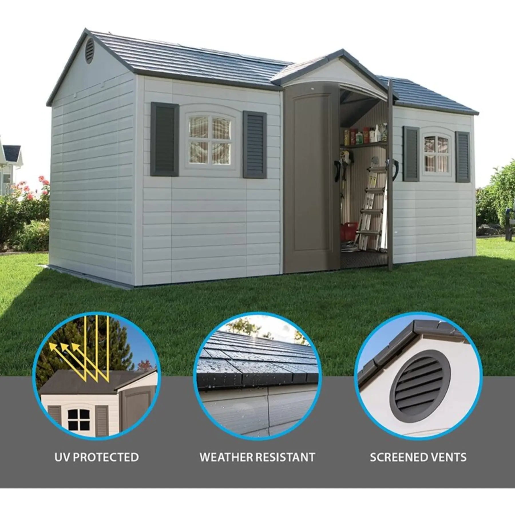 Lifetime 15 Ft. x 8 Ft. High-Density Polyethylene Outdoor Storage Shed with Steel-Reinforced Construction