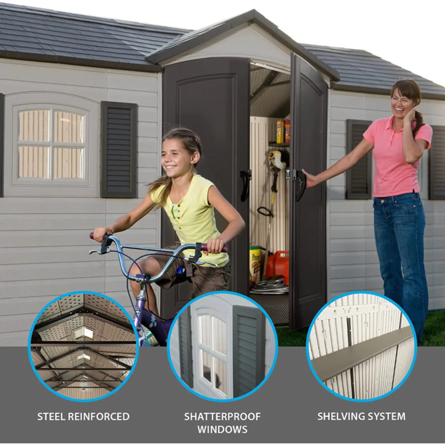 Lifetime 15 Ft. x 8 Ft. High-Density Polyethylene Outdoor Storage Shed with Steel-Reinforced Construction